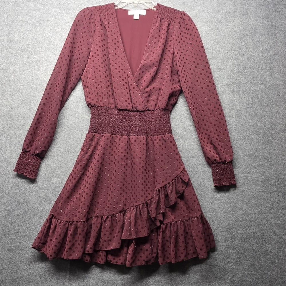 Michael Kors Burgundy Ruffle Surplice Dress Long Sleeve Smocked S